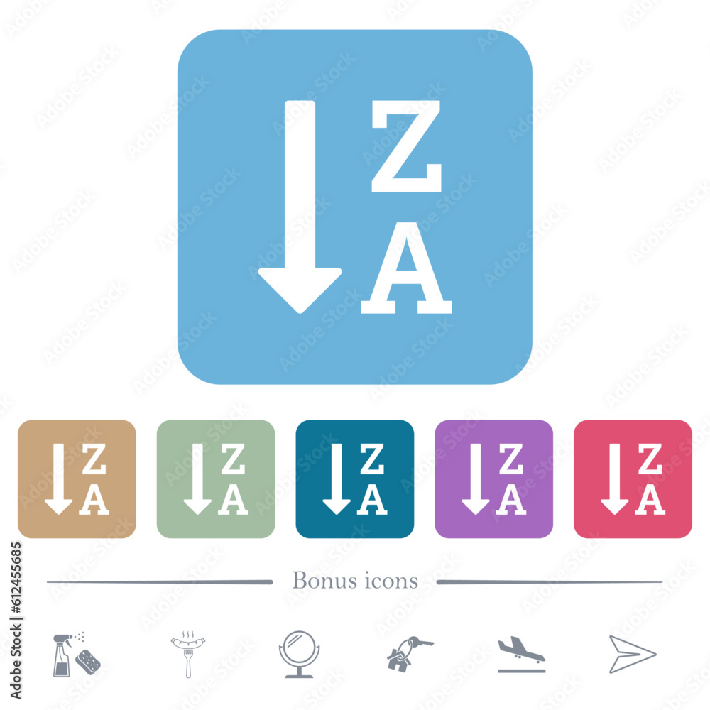 Fototapeta premium Alphabetically descending ordered list flat icons on color rounded square backgrounds