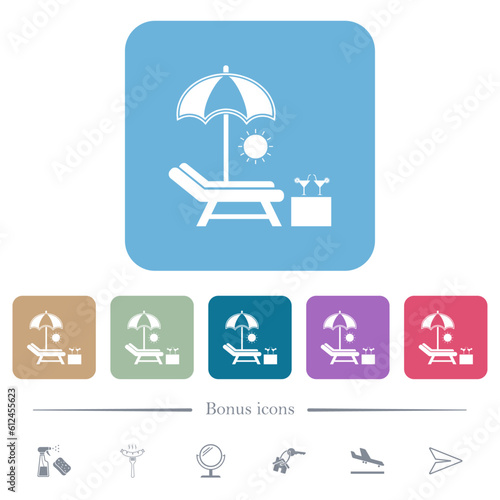 Beach sunbed umbrella cocktail flat icons on color rounded square backgrounds