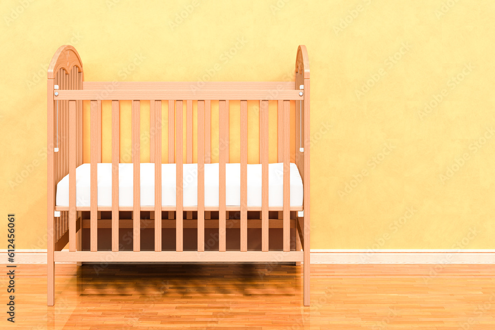 Baby crib, infant bed in room near wall, 3D rendering Baby crib, infant bed in room near wall, 3D rendering