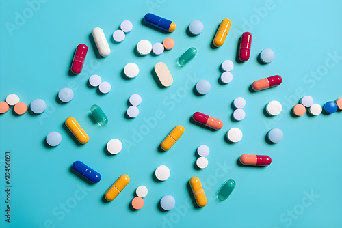 Creative layout made of colorful pills and capsules on blue background. Minimal medicine concept. Medicines, covid-19 or coronavirus. Lay flat, top.. 