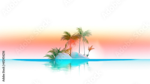 Stylized neon color palette tropical island with palm trees. Generative AI
