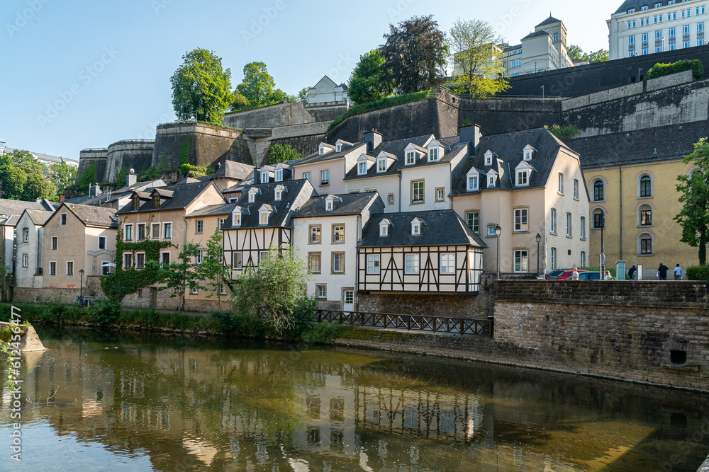 Obraz premium Beautiful traditional houses in Luxembourg along the Alzette river in the center of the city