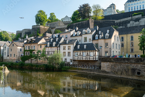 Beautiful traditional houses in Luxembourg along the Alzette river in the center of the city