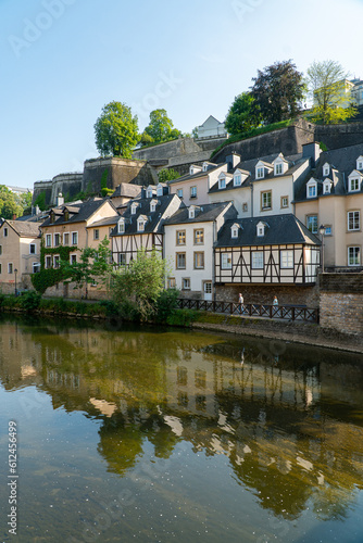 Beautiful traditional houses in Luxembourg along the Alzette river in the center of the city