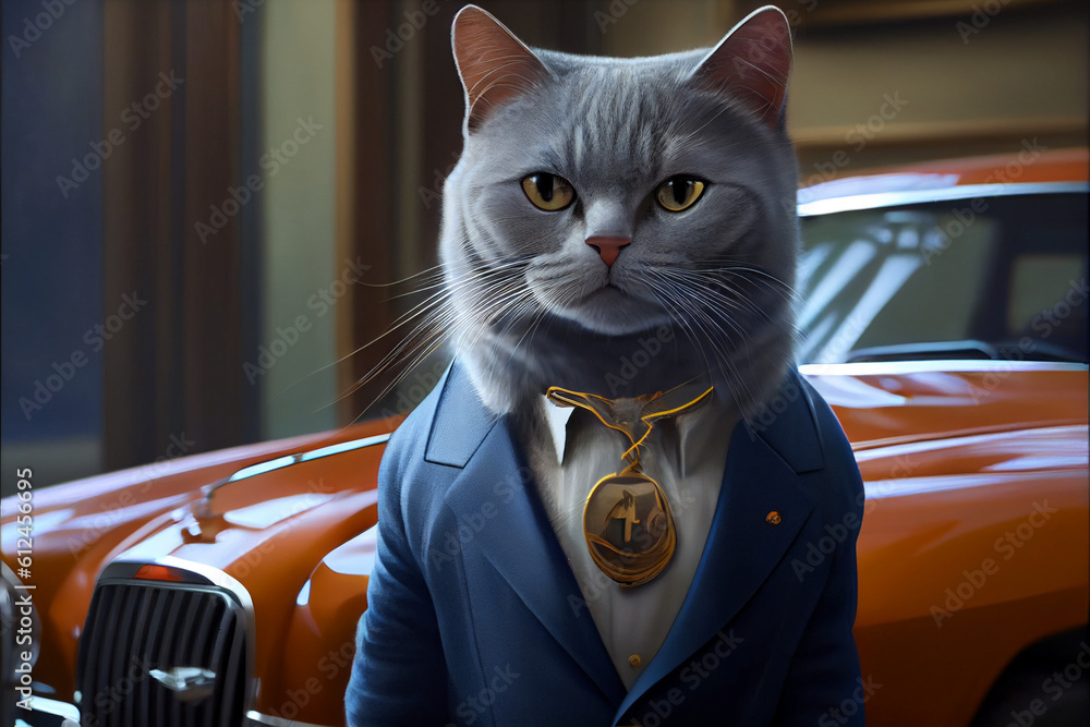 A serious cat in a man's suit stands near an expensive car. The cat works as a salesman in a luxury car dealership or as the owner of a unique car.
