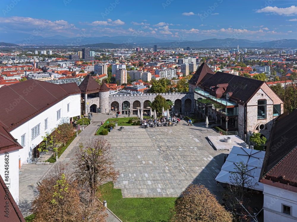 Ljubljana, Slovenia. Inner courtyard of Ljubljana Castle and Nord-East part of the city. View from the lookout tower. The castle was founded in the 11th century.