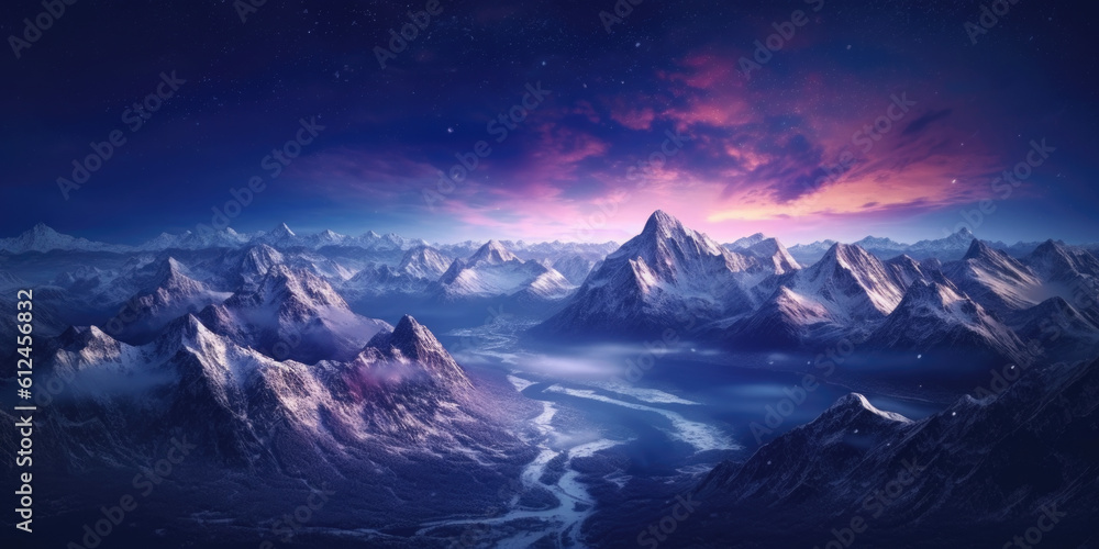 Behold the magical harmony between moon and mountain as a snow-covered range glistens under the tender moonlight, evoking a sense of wonder and tranquility.