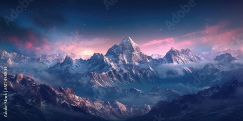 A snow-covered mountain range gleaming under the soft moonlight. 