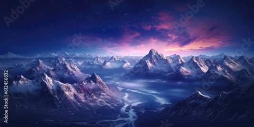 Behold the magical harmony between moon and mountain as a snow-covered range glistens under the tender moonlight, evoking a sense of wonder and tranquility.