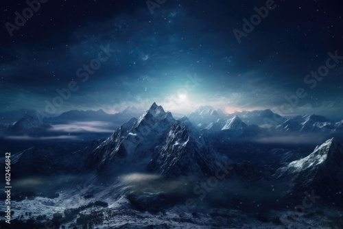 Behold the magical harmony between moon and mountain as a snow-covered range glistens under the tender moonlight, evoking a sense of wonder and tranquility. © Landscape Planet