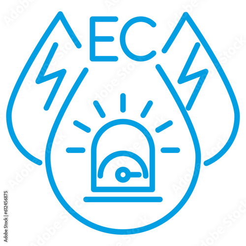 Drop with electricity symbol and risk scale inside. Linear vector icon of the signaling of a high level of electrical conductivity of the liquid. Water quality blue pictogram with thin lines