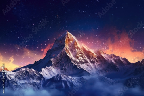Behold the magical harmony between moon and mountain as a snow-covered range glistens under the tender moonlight, evoking a sense of wonder and tranquility. Generative AI 
