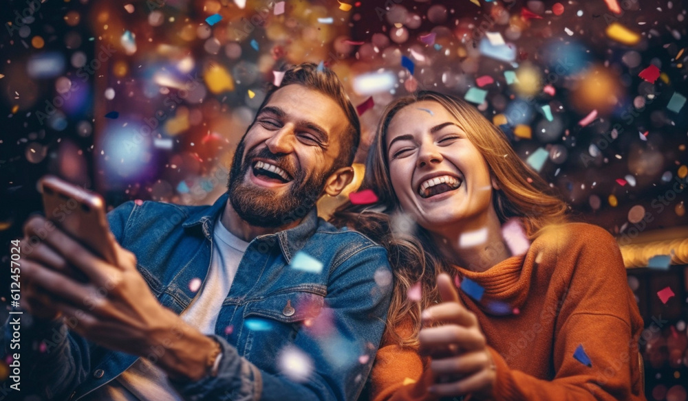 Happy laughing couple with a phone in their hands in a rain of confetti. Generative AI. Win concept