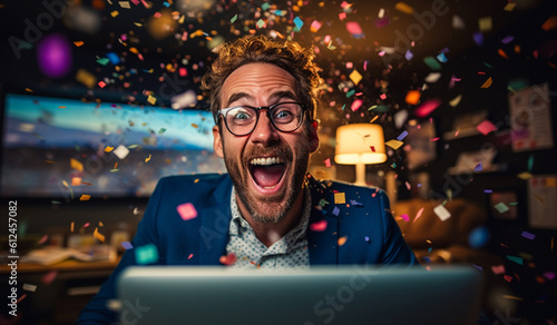 Foto Excited happy young man in suit with phone rejoices in victory or winning