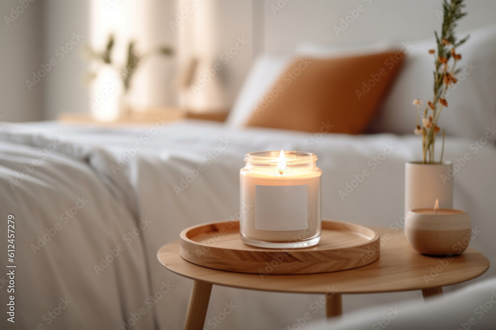 A scented candle in a modern bedroom. AI generative