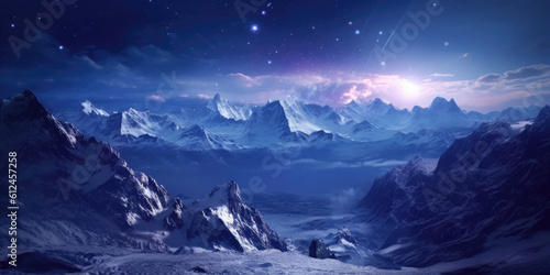 Under the soft glow of the moon, a majestic snow-covered mountain range shimmers, casting an ethereal aura that captivates the night. Generative AI  © Landscape Planet