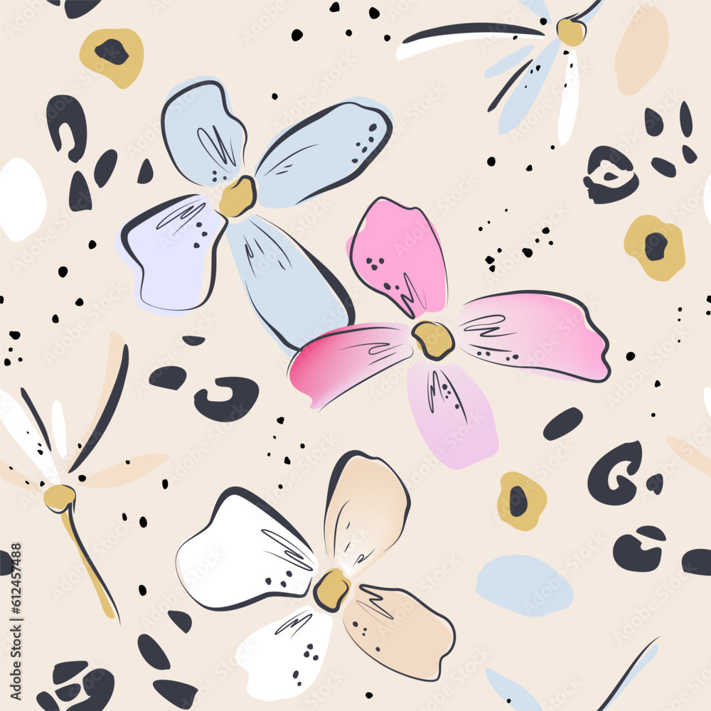 Botanical abstract flowers and leopard skin patches. Hand drawn seamless pattern summer floral background. Sketchy drawing of black outlines and white and pink-blue strokes. Botanical abstract flowers and leopard skin patches. Hand drawn seamless pattern summer floral background. Sketchy drawing of black outlines and white and pink-blue strokes.