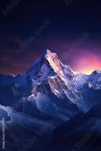 A snow-covered mountain range gleaming under the soft moonlight. Generative AI  © Landscape Planet