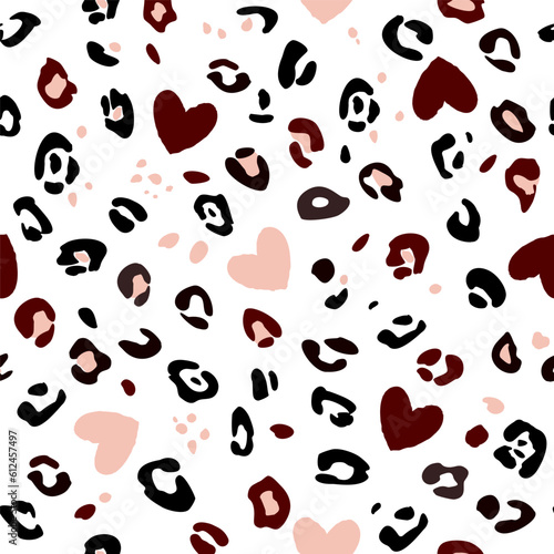 Leopard spots and hearts on white background. Animal skin abstract print seamless pattern. Abstract modern hand drawing. Trendy vector design for print on wallpaper, fabric, cover