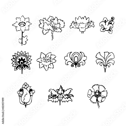 Set of vector black and white flowers. Made in the style of a tattoo. Can be used for t-shirt print design.