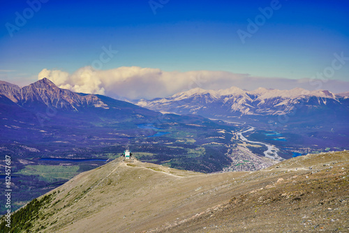 A spectacular panoramic view of the mountains around Jasper town from the top of Whistler Mountain, Jasper Sky Tram in the Canada rockies