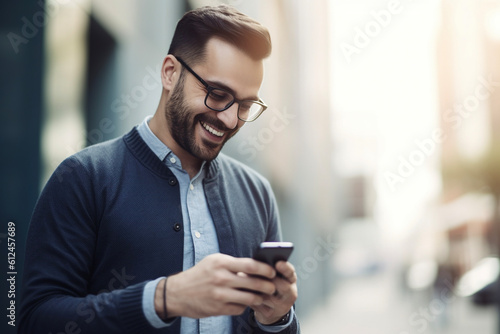 Smiling young man using smartphone in a city. AI 
