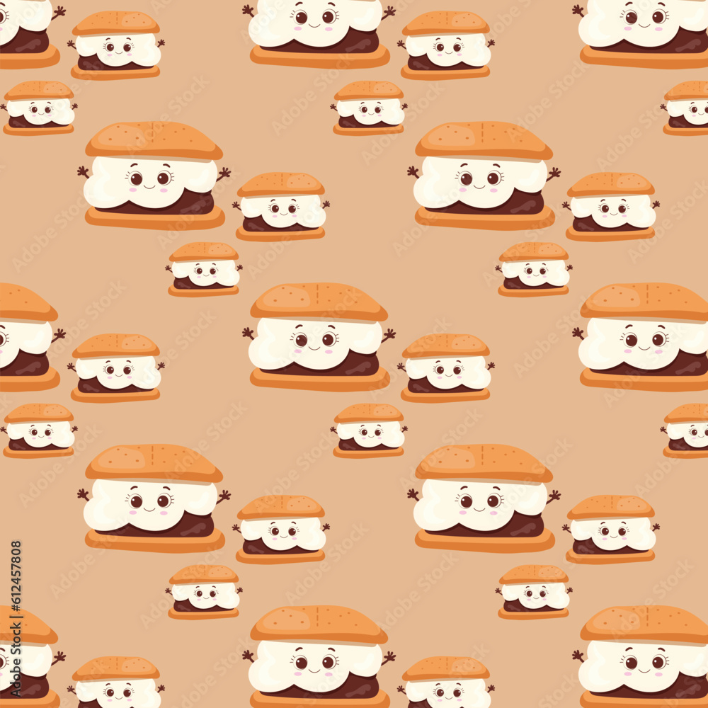 Pattern Marshmallow Cartoon Character with a chocolate backpack and Graham Crackers.S'more vector illustration.Isolated objects on a pink background. Vector illustration for design