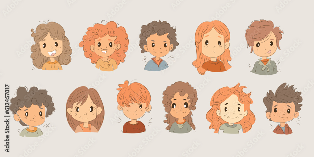 Diverse faces of people set. Human Avatars Collection, young age. Happy emotions. Portrait with a different facial expression. Boys and girls, hand drawn doodle sketch. Diverse faces of people set. Human Avatars Collection, young age. Happy emotions. Portrait with a different facial expression. Boys and girls, hand drawn doodle sketch.