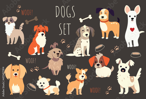 Cute dogs doodle vector set. Cartoon dog or puppy characters design collection with flat color in different poses. Set of funny pet animals isolated on dark background for any design