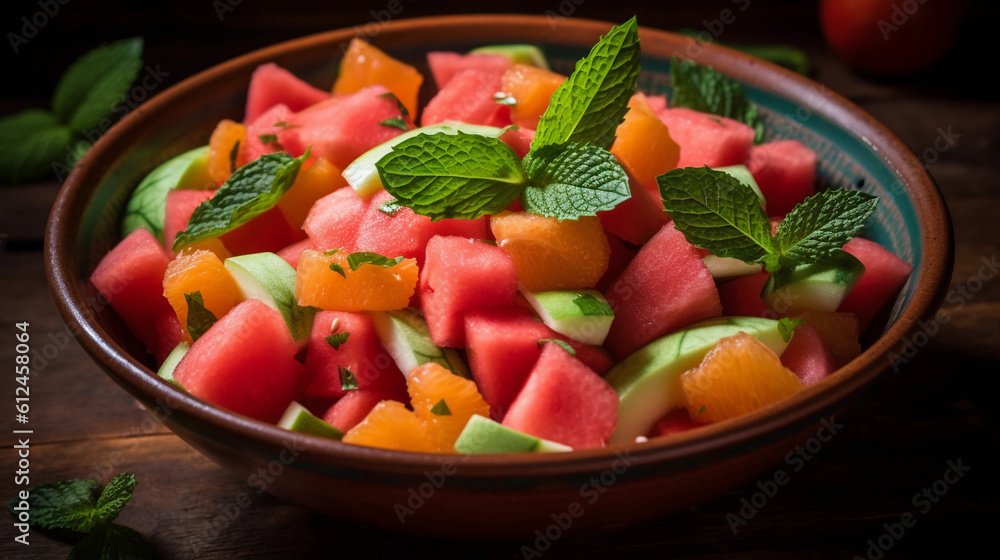 A refreshing fruit salad with juicy watermelon slices and refreshing mint leaves