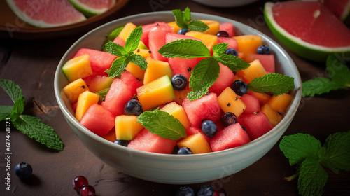 A refreshing fruit salad with juicy watermelon slices and refreshing mint leaves