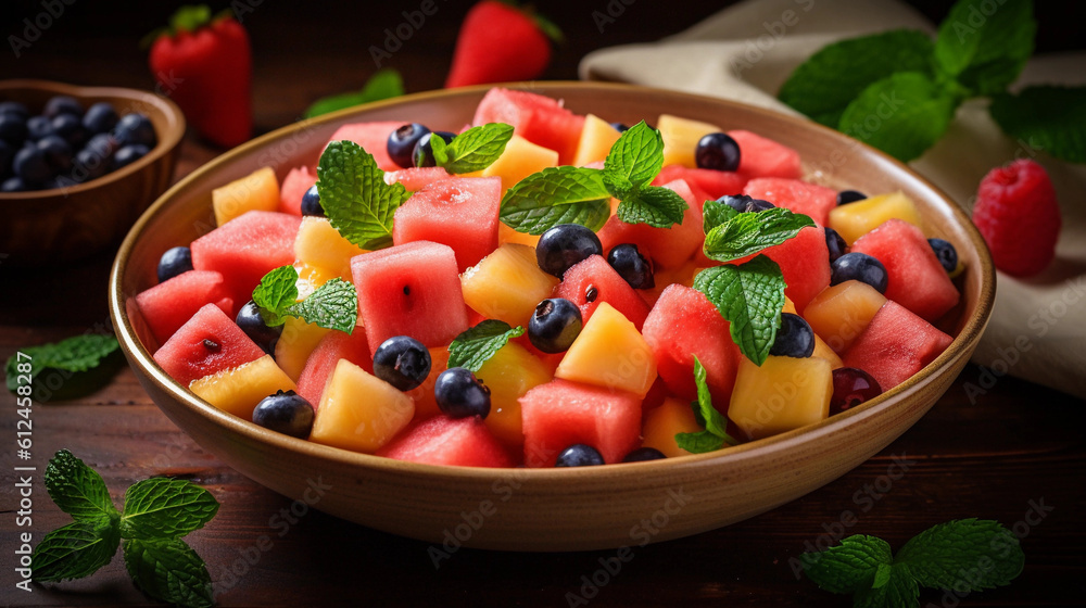 A refreshing fruit salad with juicy watermelon slices and refreshing mint leaves A refreshing fruit salad with juicy watermelon slices and refreshing mint leaves