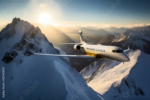 Papier peint A breathtaking photograph of the Bombardier Global 7000, captured as it soars gracefully above a mesmerizing landscape of snow-capped mountains and pristine lakes