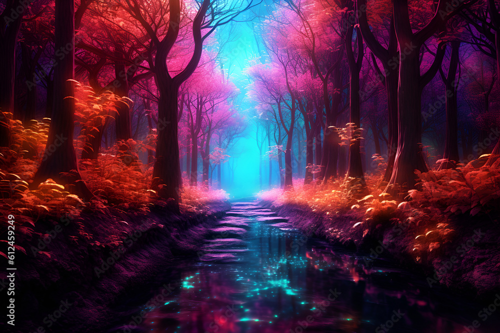 Neon glowing colorful forest. Generative AI.
