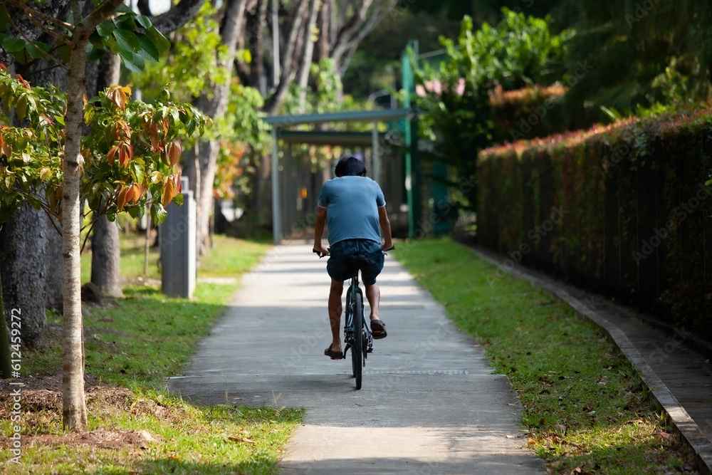 Young singaporean Man with blue t-shirt riding a bike in a narrow road surrounded by greenery
