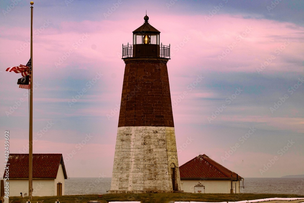 Beautiful shot of Point Judith Lighthouse in Narragansett, Rhode Island at sunset