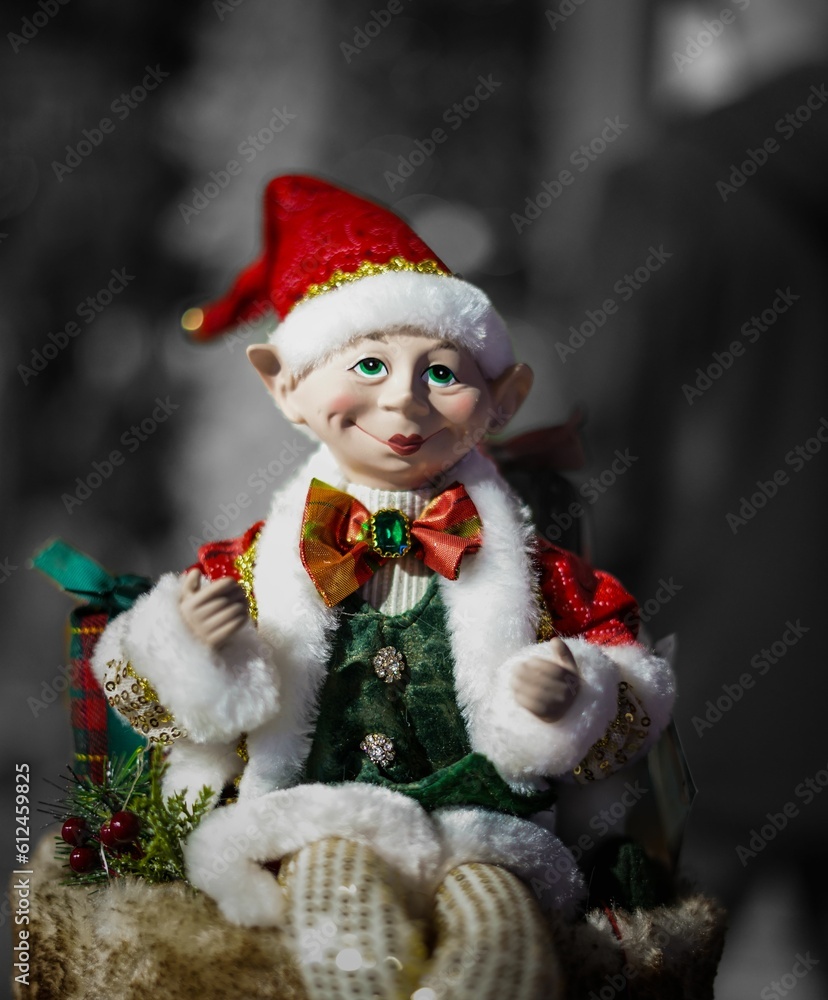 Closeup shot of a small elf toy in the blurred background.