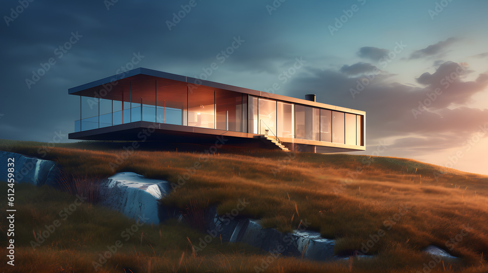 a house on top of a cliff at sunset Generative AI