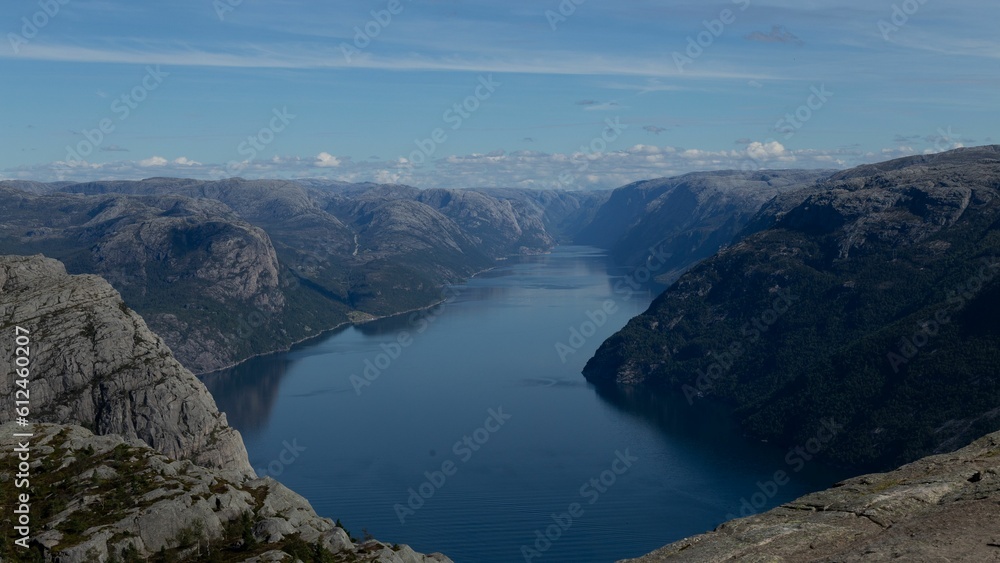 Aerial shot over the Lysefjord in southwestern Norway surrounded by cliffs and mountains