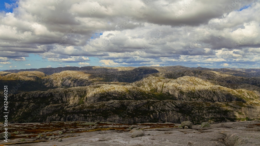 Shadow of the clouds over the mountains surrounding the Lysefjord in southwestern Norway