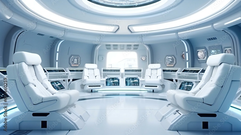 Futuristic Spaceship Command Center, Seamless Technology Integration, Sleek Design, Neutral Tones, LED Displays, Space Exploration Hub, Brightly Lit, Advanced, Outer Space Mission - Generative AI Futuristic Spaceship Command Center, Seamless Technology Integration, Sleek Design, Neutral Tones, LED Displays, Space Exploration Hub, Brightly Lit, Advanced, Outer Space Mission - Generative AI