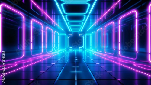 Modern Futuristic Neon Room Inside a Spaceship Heading to Mars, Future Humanity in 2077 , Tron Style, Purple and blue accents, LEDS - Generative AI