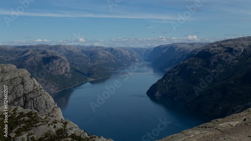 Aerial shot over the Lysefjord in southwestern Norway surrounded by cliffs and mountains