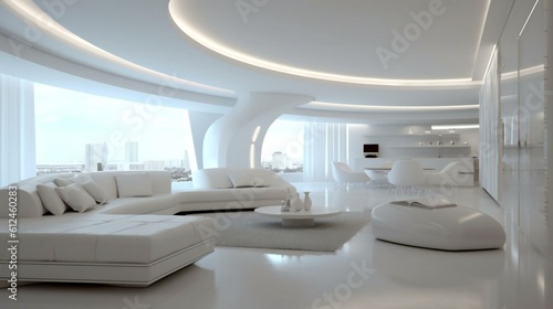 High-end Futuristic minimalist Design Modern Luxurious Living Room in penthouse Home Interior  clean full white  luxury Home  noon in Duba    - Generative AI