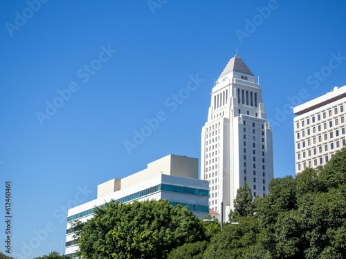 Cuadro en lienzo Low-angle shot of the city hall of Los Angeles with trees in front of it under b