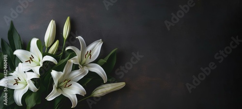 Condolence card for funeral, grieving, loss, support. Lilies on a neutral background for sending words of support and comfort. Generative AI.