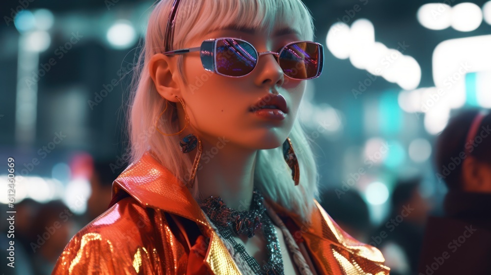 Fierce Tokyo Fashionista Strutting on Runway Under Shamrock Green Lights. Generative AI. Fierce Tokyo Fashionista Strutting on Runway Under Shamrock Green Lights. Generative AI.