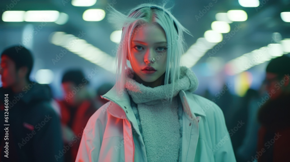 Fierce Tokyo Fashionista Strutting on Runway Under Shamrock Green Lights. Generative AI. Fierce Tokyo Fashionista Strutting on Runway Under Shamrock Green Lights. Generative AI.