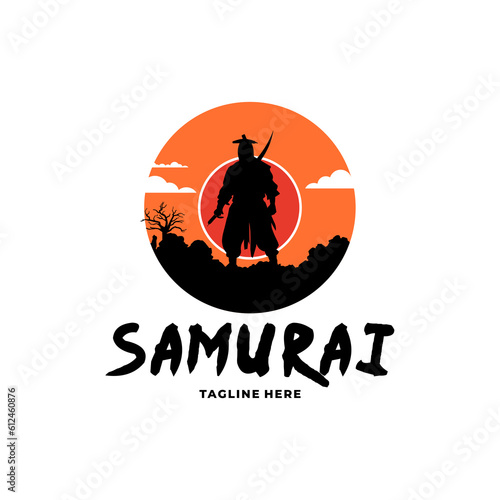 Simple silhouette samurai logo design. Vintage Samurai moon logo design illustration.