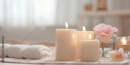 Closeup of candles and white towels, spa salon background. AI generative
